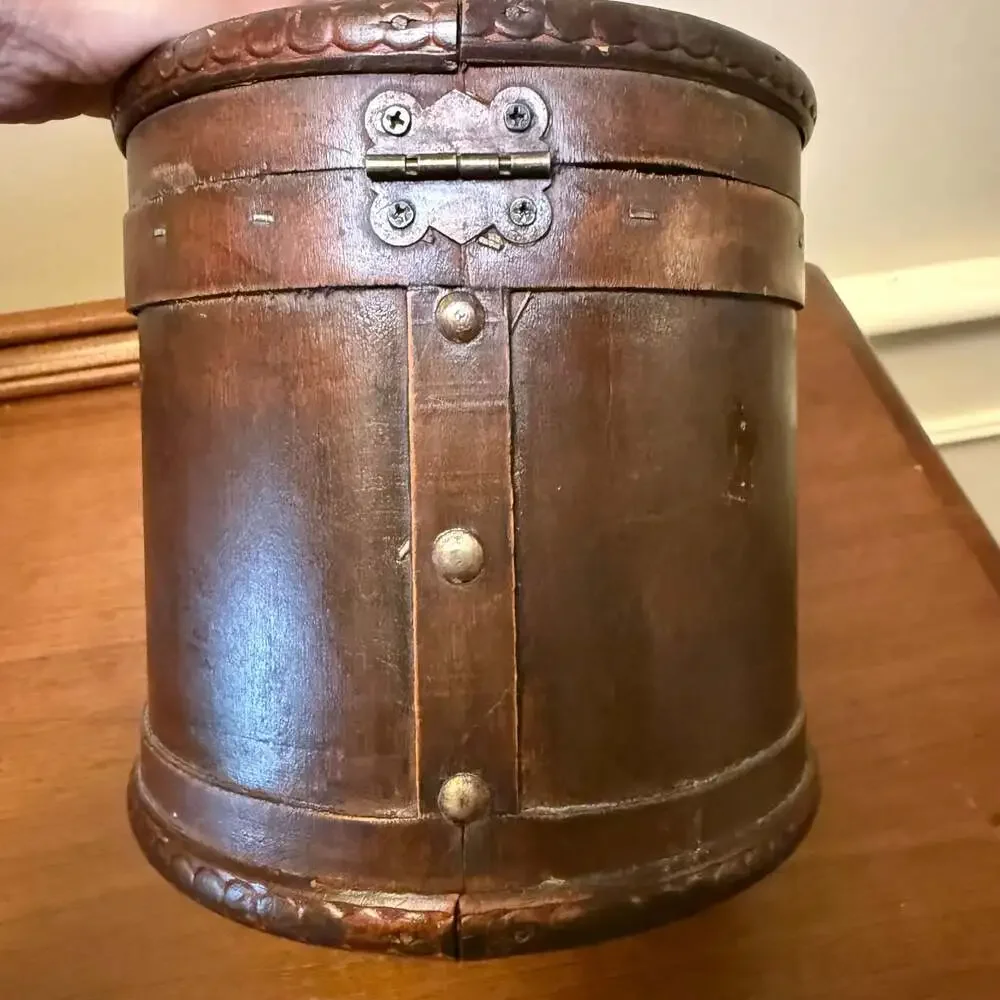 Round Wooden Storage Box with Metal Accents